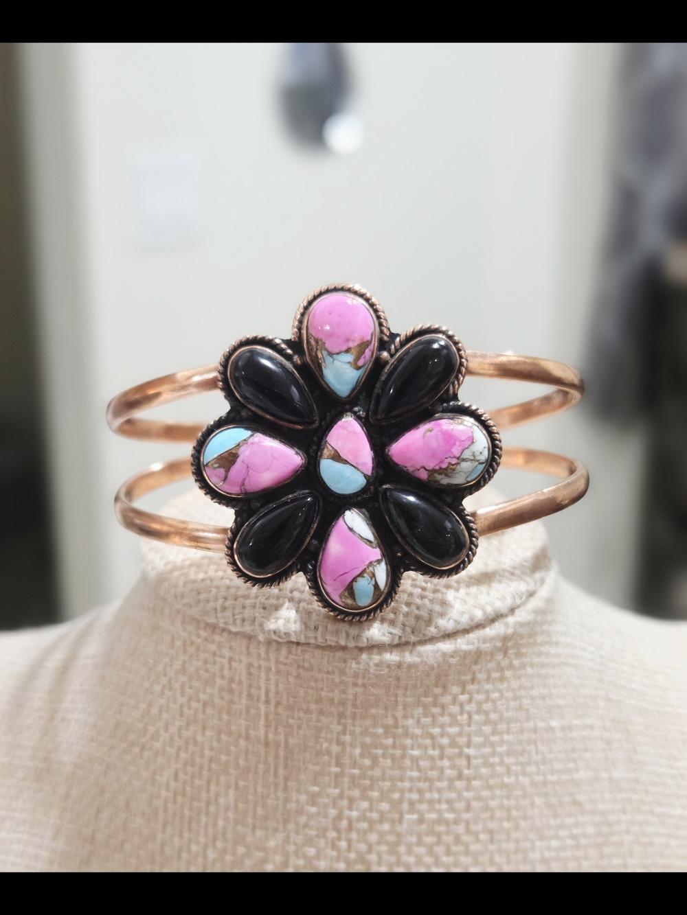 Onyx & Cotton Candy Turquoise Flower Statement Cuff Bracelet